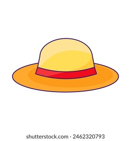 Summer panama hat with wide brim. Lightweight woven beach hat for sun protection. Summer holiday icon. Simple stroke vector element isolated on white background