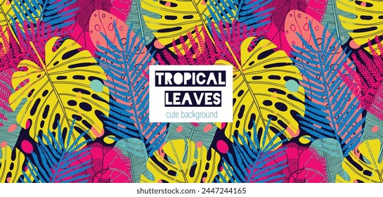 Summer panorama, abstract illustration with exotic jungle leaves, colorful design, summer background and banner