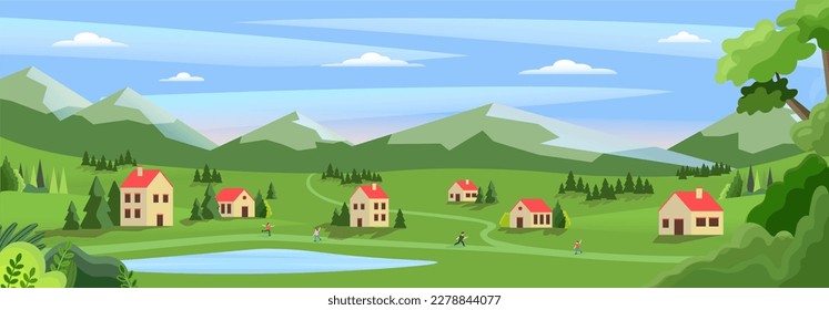 Summer panorama concept. Rural and beautiful natural landscape. People near houses on green meadow against backdrop of mountain. Lovely small town. Cartoon flat vector illustration