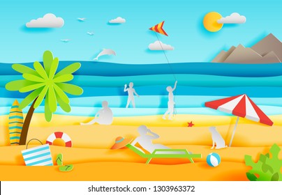 Summer panorama of tropical beach with people, paper cut style vector illustration