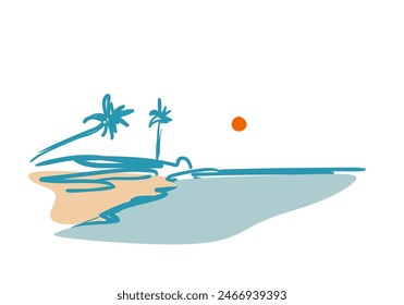 Summer panoramic beach view. Vector illustration of seaside promenade with palms.