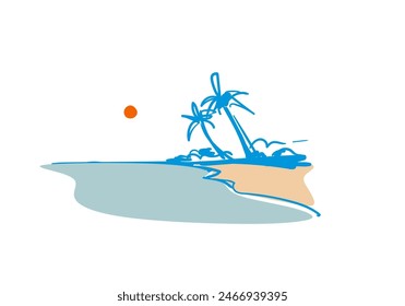 Summer panoramic beach view. Vector illustration of seaside promenade with palms.