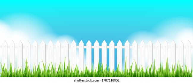 Summer panoramic landscape. Vector horizontal background with sky, clouds, white fence and grass.