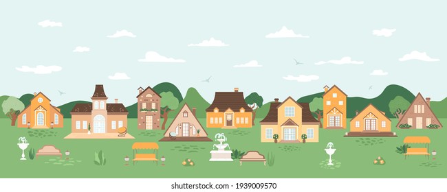 Summer panoramic scene with suburban houses village. Street with swings, benches, fountains. Cozy home and lounge chair on terrace. Banner, seamless pattern vector illustration. Textured trees, hills