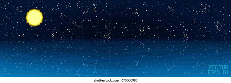 Summer Panoramic Sea Background. Starry Sky with Reflection on Night Blue Ocean. Poster in a Flat Style. Vector Illustration