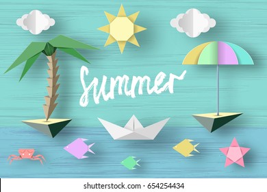 Summer Paper Applique of Symbols, Sign and Objects with Text illustrate the Greeting of the Summertime. Sun Background. Art Template for Banner, Card, Logo, Poster, Label. Design Vector Illustrations.