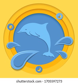 Summer paper background. Dolphin jumping, sea and layered beach. Abstract 3D banner. Vector illustration sea animal in origami style. Paper craft dolphin. Modern design paper, wallpaper, card, cover.