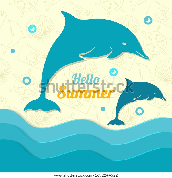 夏の紙の背景 イルカは跳び上がり 海を重ねた 抽象的な3dバナー 折り紙の形をしたベクターイラスト海獣 イルカ文書 モダンデザインの紙 壁紙 カード カバー 在庫 のベクター画像素材 ロイヤリティフリー