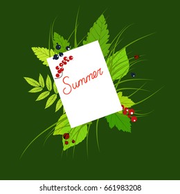 Summer Paper background .Green grass leaves and currant berries»
