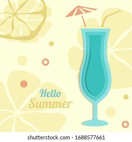 Summer paper background. Layered cocktail and lemons. Abstract modern 3D banner. Vector illustration drink and citrus fruits in origami style. Papercraft lemonade. Modern retro design paper, wallpaper