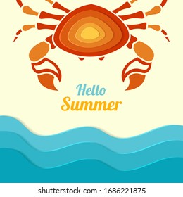 Fondo de papel de verano. Cangrejo con capas y mar. Pancarta moderna en 3D. Imagen vectorial de los alimentos marinos al estilo del origami. Cangrejo artesanal. Papel moderno de diseño, papel pintado, tarjeta, tapa, folleto. Existencia.
