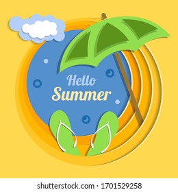 Fondo de papel de verano. Paisaje de с en capas. Mar, sombrilla y zapatillas. Artesanía abstracta de papel de banner en 3D. Ilustración vectorial al estilo origami. Diseño para tarjeta, folleto, portada, papel pintado.