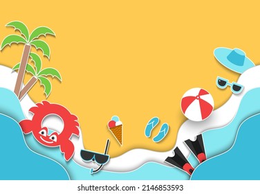 Summer paper cut background  with sea waves and beach set of elements like snorkel mask, ball, ice cream, flippers, hat, sun glasses on yellow sand.