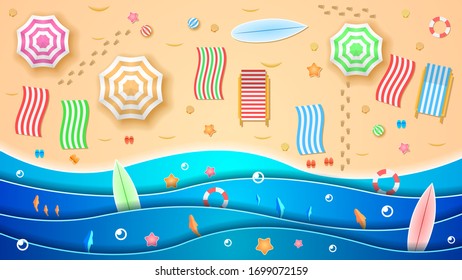 Summer Paper Cut Beach Sand Travel Background WIth Umbrella Starfish Deck Chair And Sea Vector
