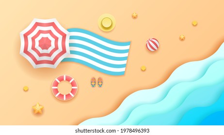 Summer Paper Cut Beach Sand Travel Background With Umbrella Starfish Hat Lifebuoy And Sea Vector