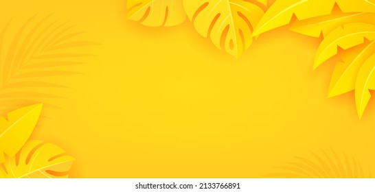 Summer, paper cut leaf shape yellow background. EPS 10 Vector illustration
