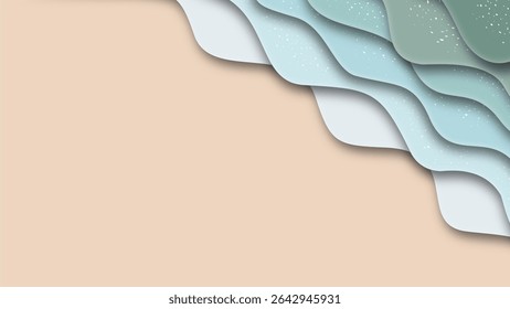 summer paper cut wave background vector in sandy beach and teal blue tone