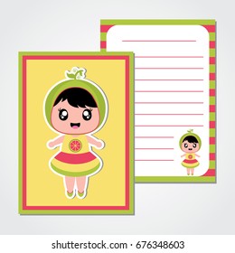 Summer paper note with cute watermelon girl vector cartoon for summer paper, scrap book and postcard