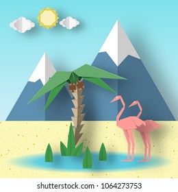 Papel de verano Concepto de Origami con Flamingo, Palm, Sun, Sky, Mountain. Cartel de la temporada de Papercut. Escena abstracta con símbolos, signos, elementos. Fondo de diseño de diseño de ilustraciones vectoriales.