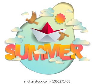 Summer papercut word with origami folded toy ship birds sun and clouds vector modern style cartoon paper cut 3d illustration. Summertime vacations and holidays theme.