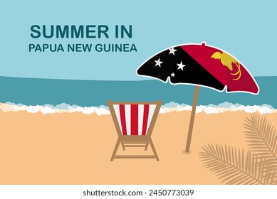 Summer in Papua New Guinea, beach chair and umbrella, vacation or holiday in Papua New Guinea, vacation concept vector design, summer holiday, sea sand sun, travel and tourism idea