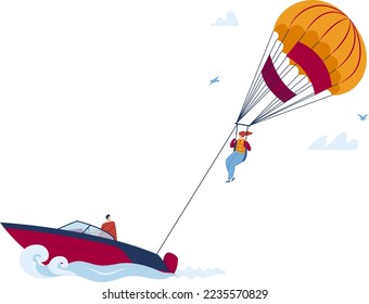 Summer parachute extreme sport at water, sun holiday vacation with paragliding, vector illustration. Fly travel at sky, boat in sea hold parasailing