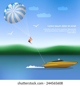 Summer parachuting over river with boat. Summer vocation. Extrim sport.