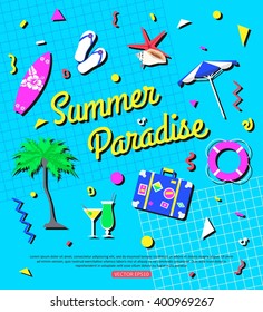Summer paradise in 1980s Memphis Design. Vector eps 10 format.