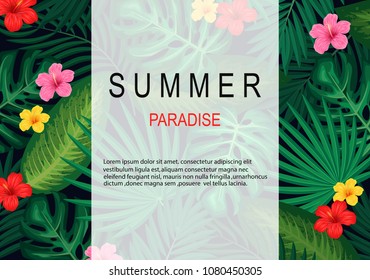 summer paradise background with exotic palm leaves and hibiscus flower.vector illustration
