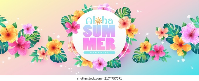 Summer Paradise Background With Hibiscus Flowers And Tropical Leaves On Multicolor Background. Aloha Summer Banner Template For Fashion Ads, Horizontal Poster And Social Media