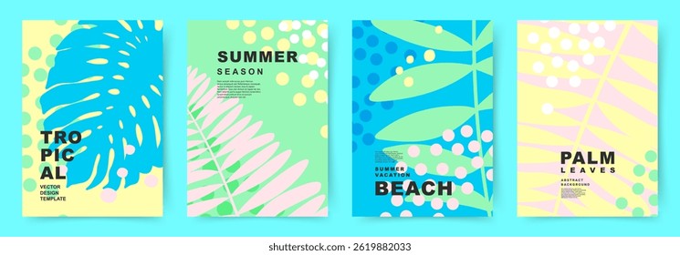 Summer paradise Background. Tropical leaf poster designs set. Theme of vacation and Beach. Flat vector templates with Exotic Nature elements for poster, banner, cover, card, story, summer Sale