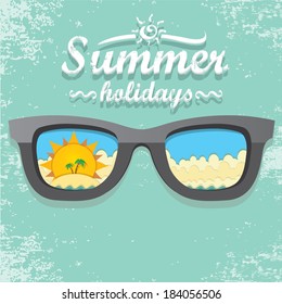 summer paradise beach background with sunglasses . vector cut paper summer illustration. summer holiday.