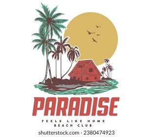 Summer paradise. Beach good time retro t-shirt print design. Beach vibes t-shirt artwork. Palm tree, Enjoy summer time vector design. Surfing club retro artwork. 