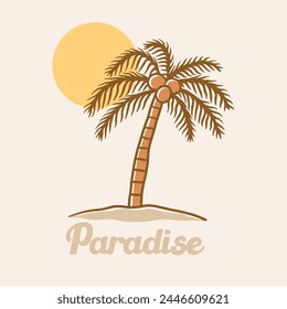 Summer paradise. Summer beach illustration. Summer palm tree illustration. Tropical paradise illustration for t shirt design, apparel, poster, postcard, greeting, invitation