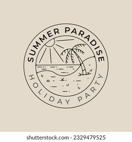 summer paradise beach line art logo vector with emblem template illustration design with palm tree and sun burst icon design