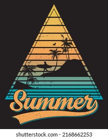 Summer paradise beach palm tree sunset style retro vintage t-shirt design vector