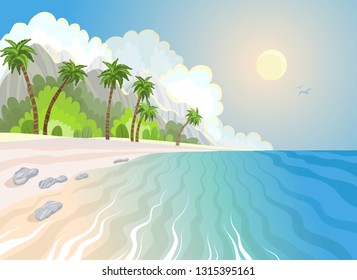 Summer paradise beach and palm trees at seashore, tropical vector illustration.