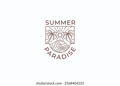 Summer Paradise Beach, Sun and Waves Linear Abstract Retro Illustration