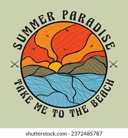 Summer Paradise Beach vintage graphic print design. Beach vibes with board print design. Hand sketch beach vector design. 