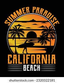 SUMMER PARADISE CALIFORNIA BEACH. T-SHIRT DESIGN. PRINT TEMPLATE.TYPOGRAPHY VECTOR ILLUSTRATION.