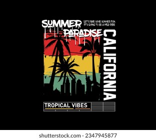 summer paradise california calligraphy slogan with palm beach view vector illustration for streetwear and urban style t-shirt designs, hoodies, etc