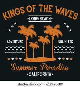 Summer paradise, california long beach typography, t-shirt graphics, vectors