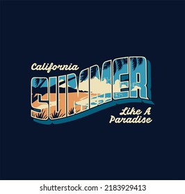 Summer Paradise California retro slogan with waves and and sun vector illustrations, For t-shirt prints and other uses.