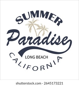 Summer Paradise California Vintage Typography T-shirt Design. Retro summer paradise t-shirt design with California beach theme and vintage typography. Ideal for apparel, stickers.