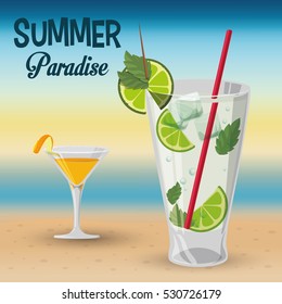 summer paradise cocktails beach sunset vector illustration eps 10
