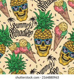 Summer paradise colorful seamless pattern vintage ice cream and pineapples in sunglasses metaphor for pool or sea party vector illustration