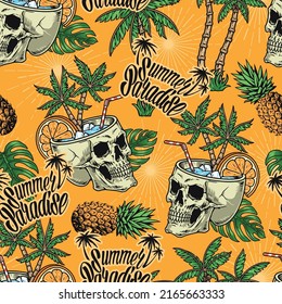 Summer paradise colorful vintage seamless pattern vacation in tropical resort among palm trees with fruit cocktail in skull vector illustration