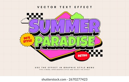Efecto de texto de Vector editable del paraíso de verano. Estilo de dibujos animados groovy retro. Evento de hora de verano