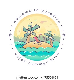 Summer paradise. Exotic island label design.