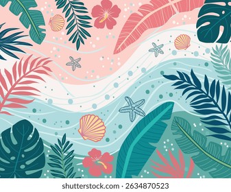 Summer paradise exotic jungle foliage and coastal background. Collage Hand drawn cartoon style vibrant illustration. Can be used for your banner, business, poster, fabric design